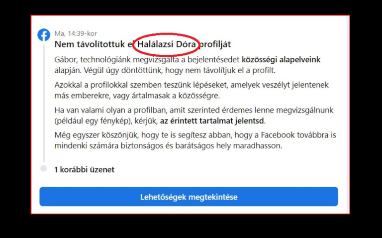 A Facebook szerint a „Halálazsi Dóra” nevű profillal nincs semmi gond