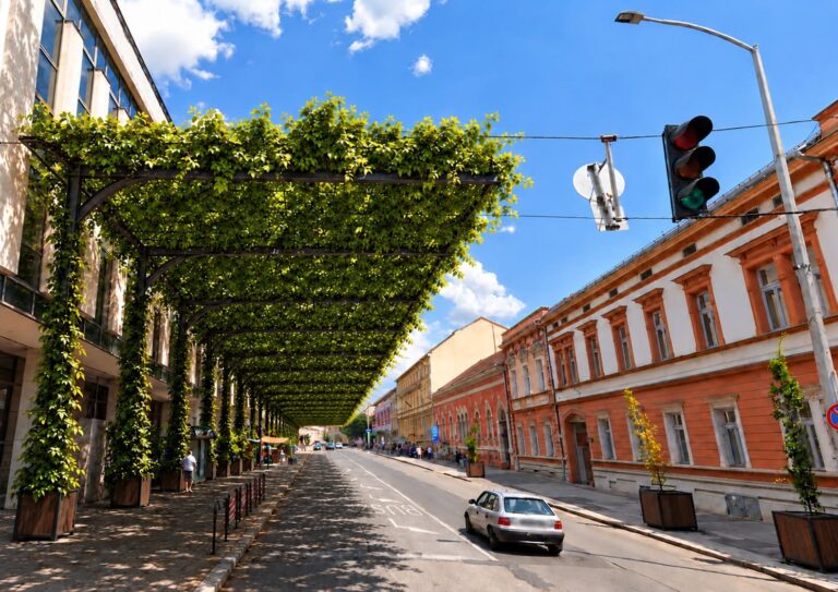 Zöld lugas adhatna árnyékot a Konzum előtt Pécsen